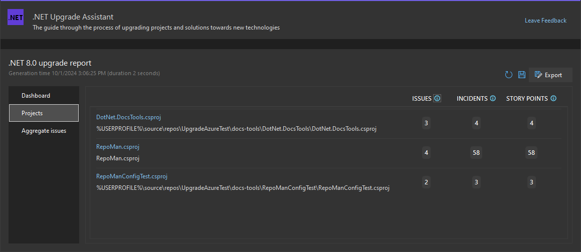 .NET Upgrade Assistant Analysera resultat som visar instrumentpanelens projektsida.