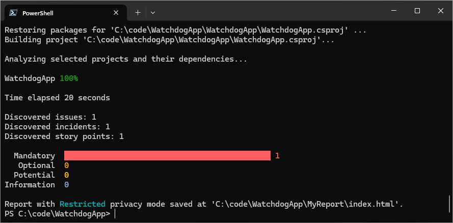 En terminal som visar resultatet av analyskommandot när du använder .NET Upgrade Assistant Global Tool.