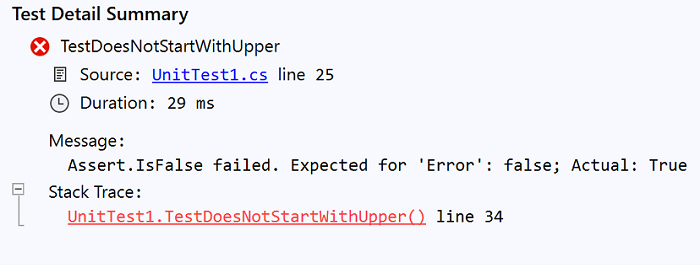 Test Explorer window showing the IsFalse assertion failure