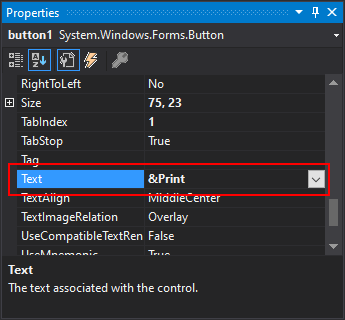 Properties dialog with text property selected and access key