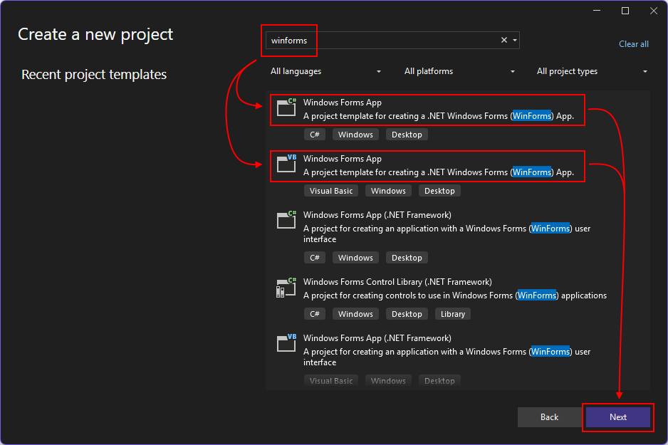 The term 'winforms' is in a search box and is highlighted with a red box. Arrows from the red box point to two templates, C# and Visual Basic. The templates are also highlighted with a red box. From those red boxes, arrows point down to the 'Next' button which is highlighted with a red box.