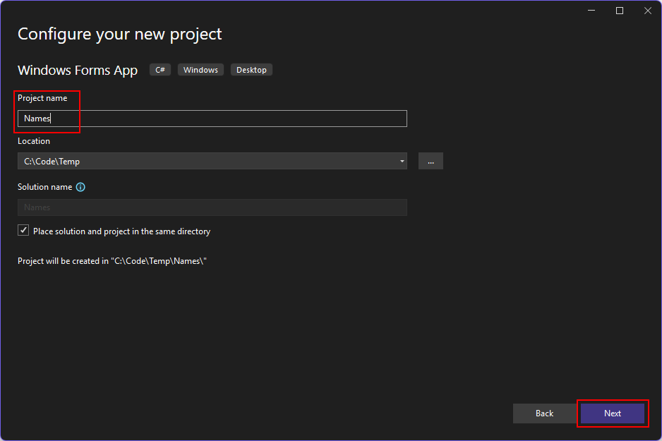 A screenshot of the 'configure your new project' dialog from Visual Studio 2022. The 'Project name' textbox has the word 'Names' in it and is highlighted with a red box. The 'Next' button is also highlighted with a red box.