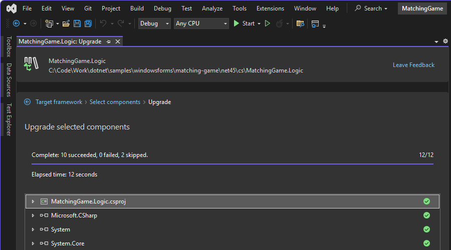 A screenshot of the .NET Upgrade Assistant's upgrade results tab, showing the migrated items from the project.