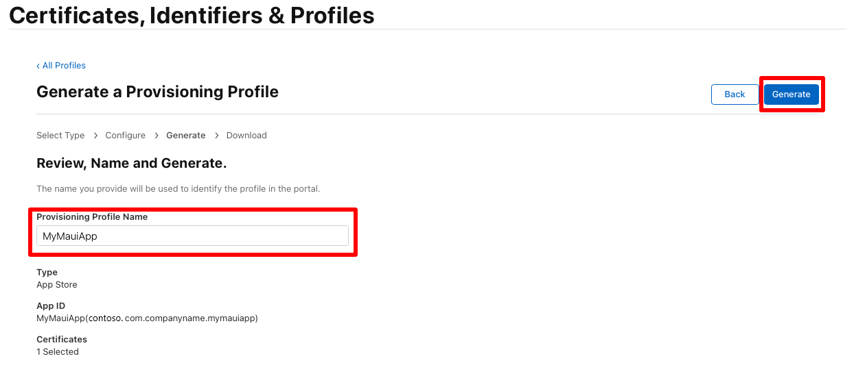 Generate the provisioning profile.