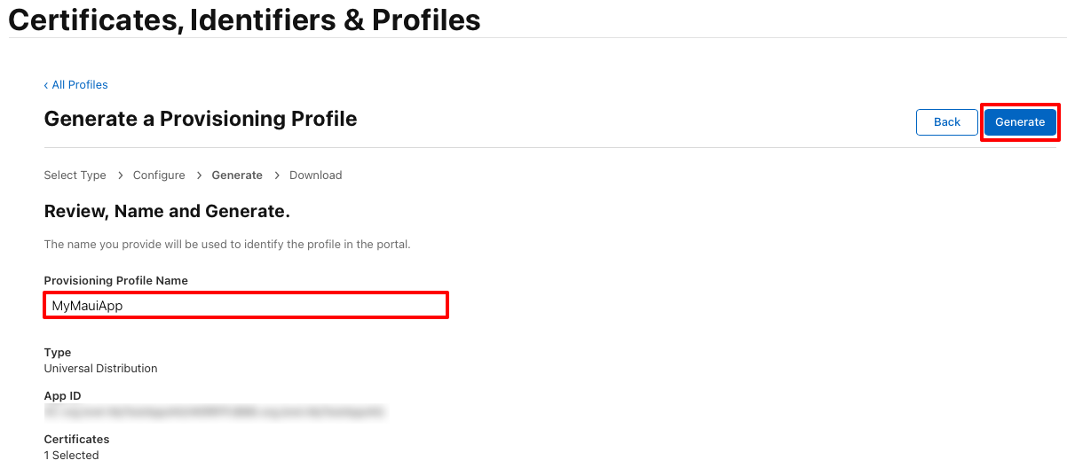 Generate the provisioning profile.