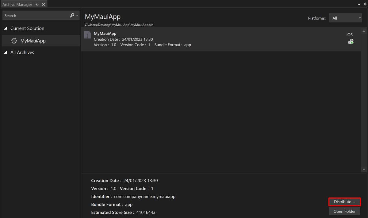 Screenshot of the archive manager in Visual Studio once archiving is complete.