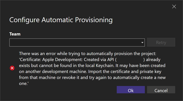 Screenshot of automatic provisioning failure when the certificate can't be found.