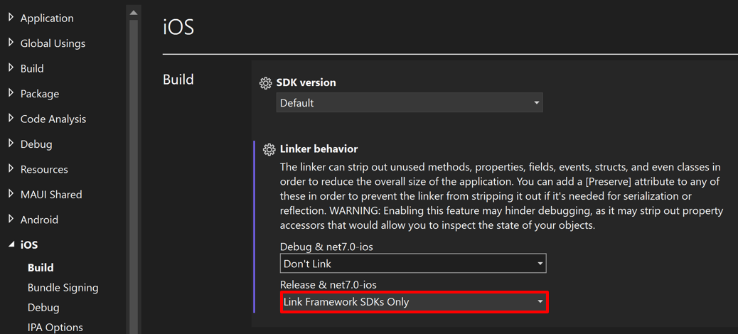 Skärmbild av länkningsbeteendet för iOS i Visual Studio.