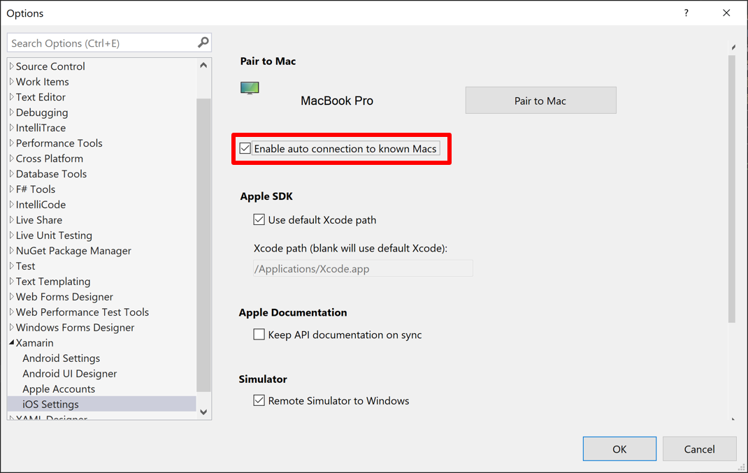 Aktivera automatisk anslutning till kända Mac-datorer i Visual Studio.