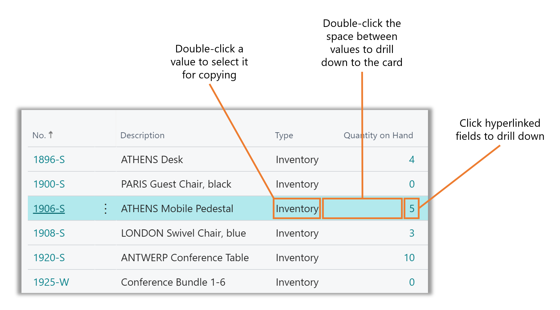 Typical rows supporting single- and double-click abilities