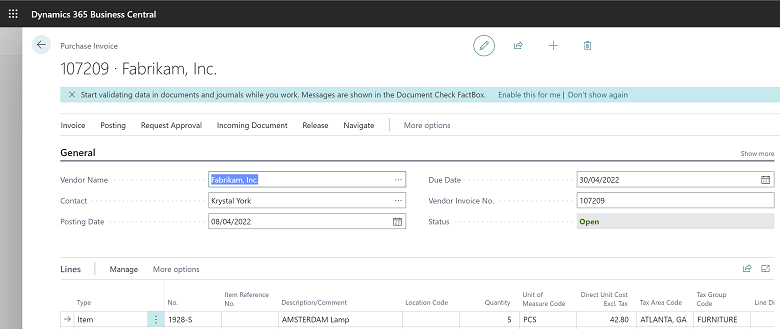 Shows Purchase invoice page that allows user to show Document Check FactBox.