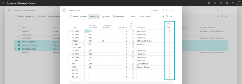 Shows Coupled to Dataverse column on Payment Terms page.