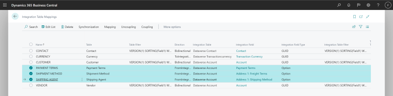 Shows integration table mappings for payment terms, shipment methods, and shipping agents.