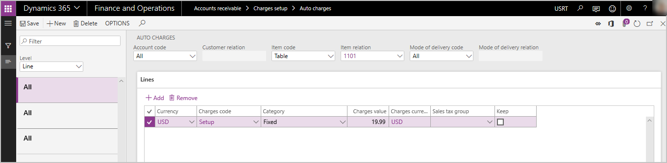 Exempel på tabell med automatiska debiteringar på enkel radnivå.