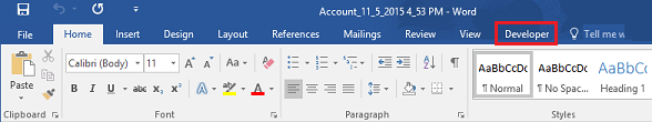 Fliken Utvecklare har lagts till i menyfliksområdet i Word.