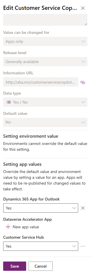 Skärmbild av inställningen för Power Apps-defintion.