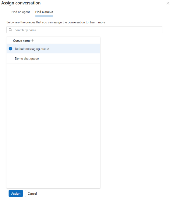 Skärmbild av dialogrutan Tilldela konversation, alternativet Hitta en kö
