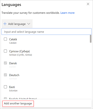 Lägga till ett anpassat språk i en undersökning.