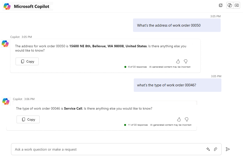 Microsoft Copilot chatt som visar adress för en arbetsorder och typen av en annan arbetsorder
