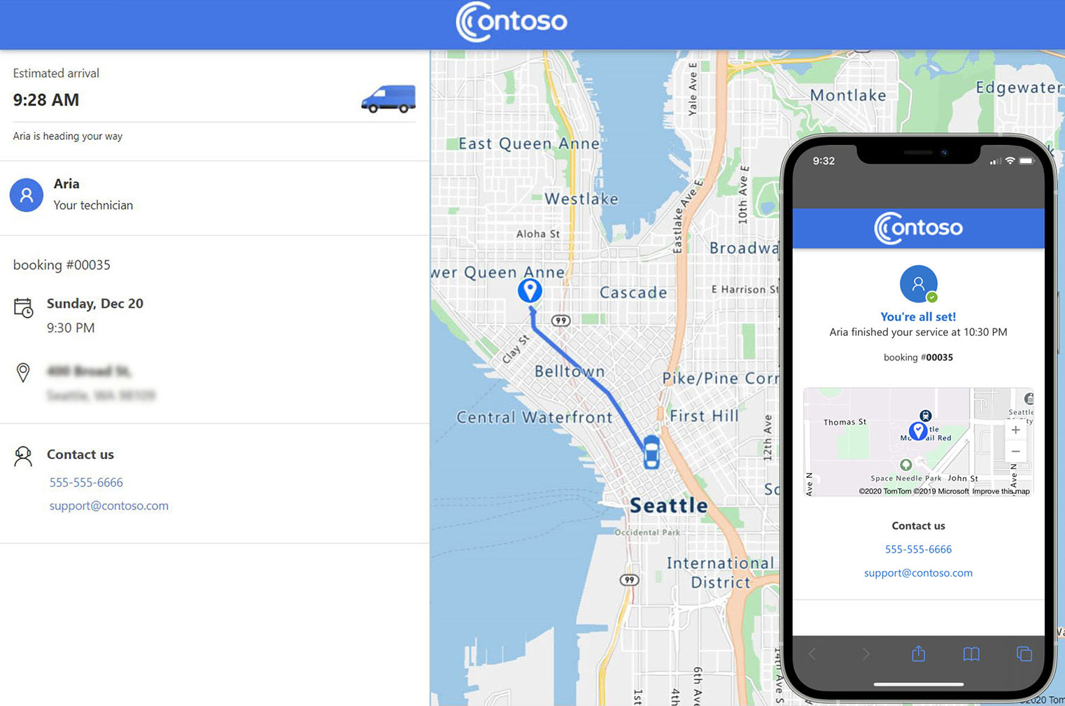 Informationsportal för märkta tjänster tillsammans med en enhetsrenderare som anger teknikers placering på en mobiltelefon.