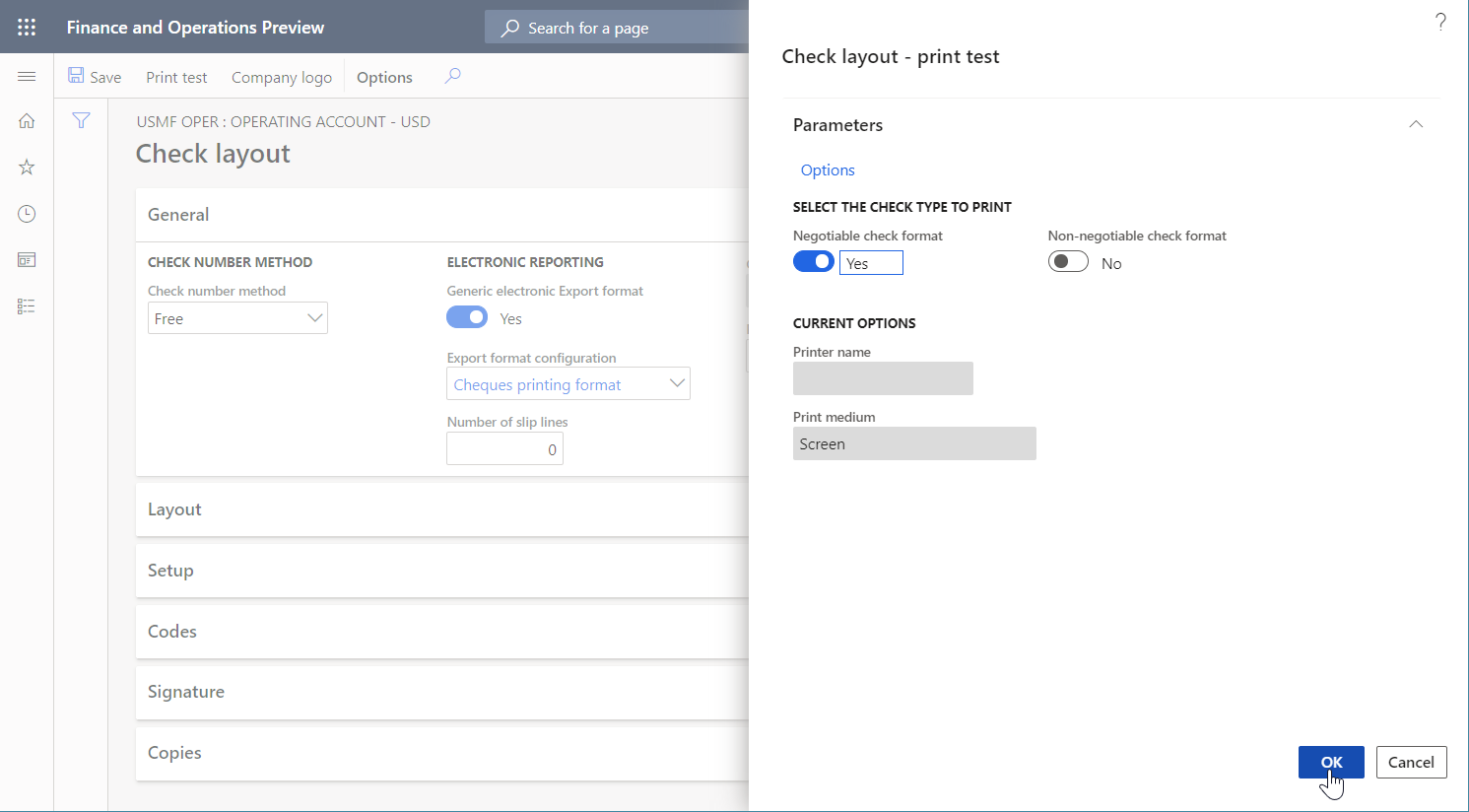 Kontrollayout – dialogrutan Skriv ut test.