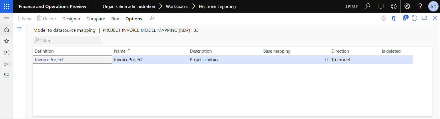 Fakturamodellmappning för projekt på mappningssidan Modell till datakälla.