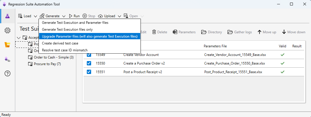 Upgrade Parameter files (auto generates Test Execution files) command on the Generate menu.