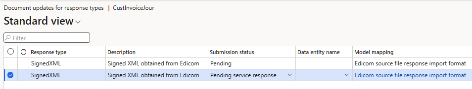 Screenshot of the setup of the response type for the Customer Invoice journal table name on the Document updates for response types page.