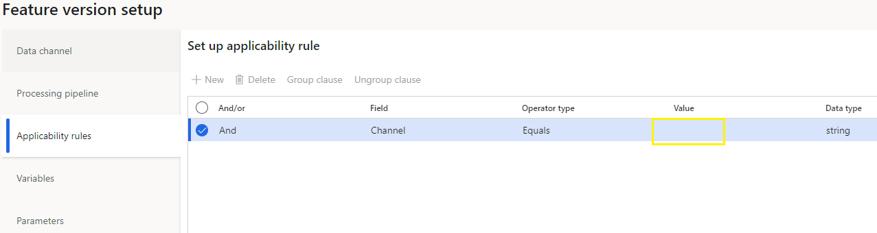Screenshot that shows the Value field in the setup of applicability rules.