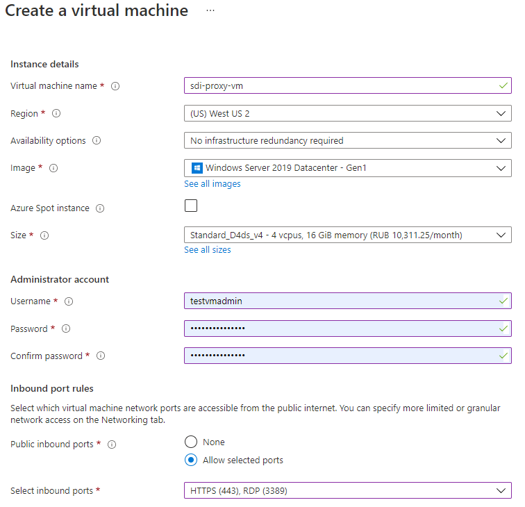 Screenshot that shows the setup on the Basics tab to create an Azure VM.