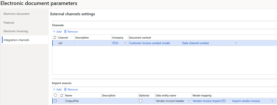 Screenshot that shows the setup of the import channel.