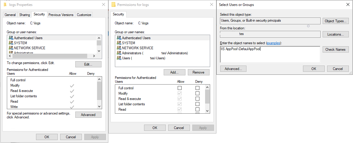 Screenshot that shows permissions being added to the service user.