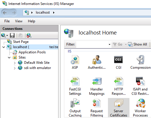 Screenshot that shows Service Certificates selected in IIS Manager.