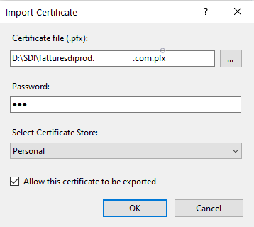 Screenshot that shows the proxy service certificate file specified in the Import Certificate dialog box.