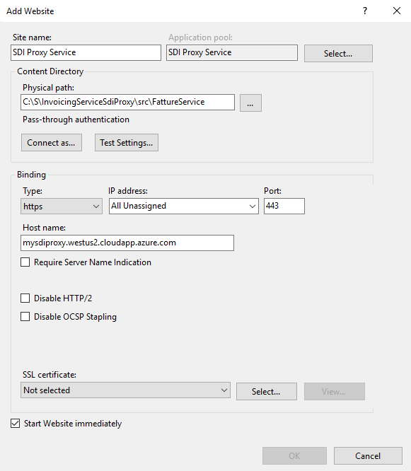 Screenshot that shows the setup in the Adding Website dialog box.