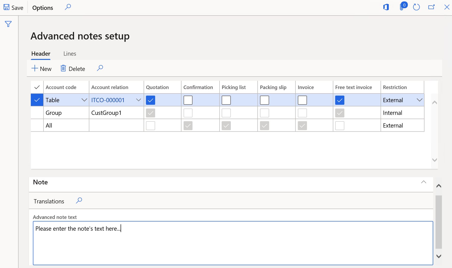 Setup of customer advanced notes.