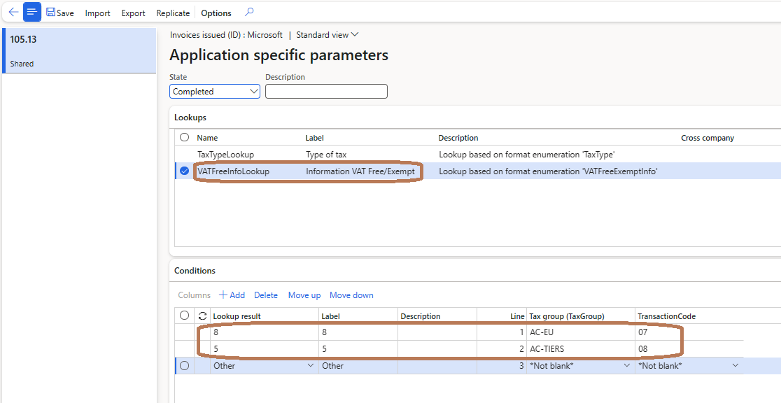 Screenshot that shows application-specific parameters set for transaction codes.