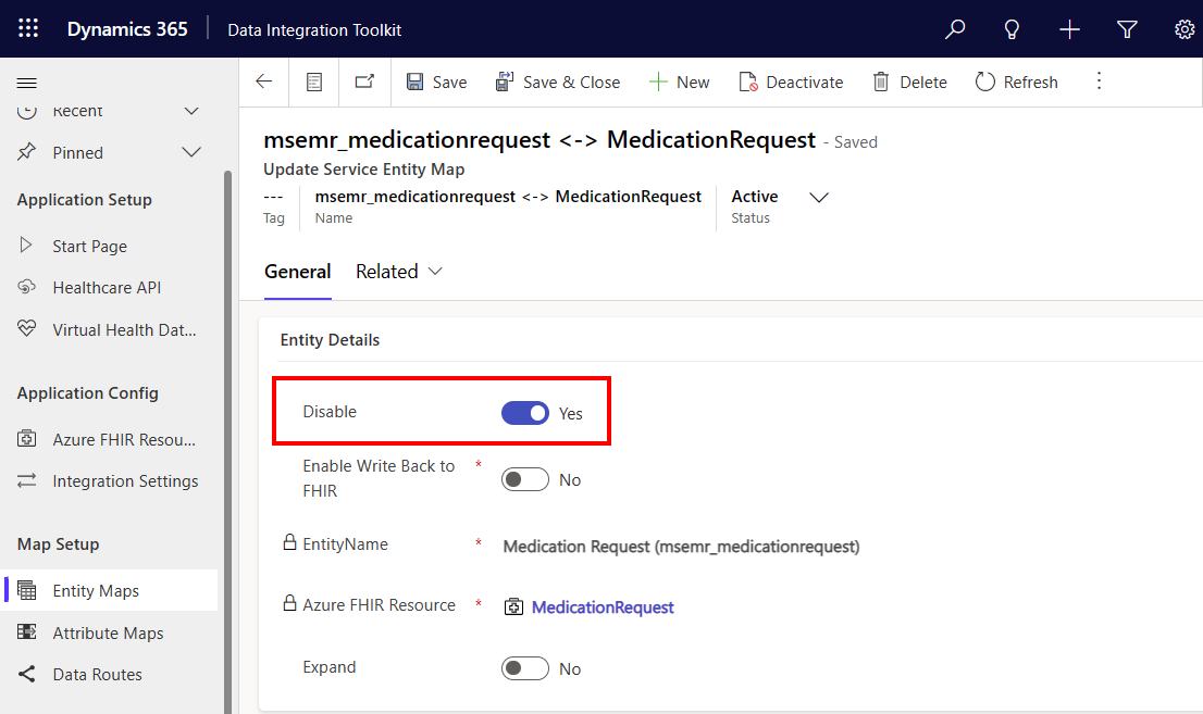 En skärmbild som visar hur du inaktiverar en entitetsmappning.