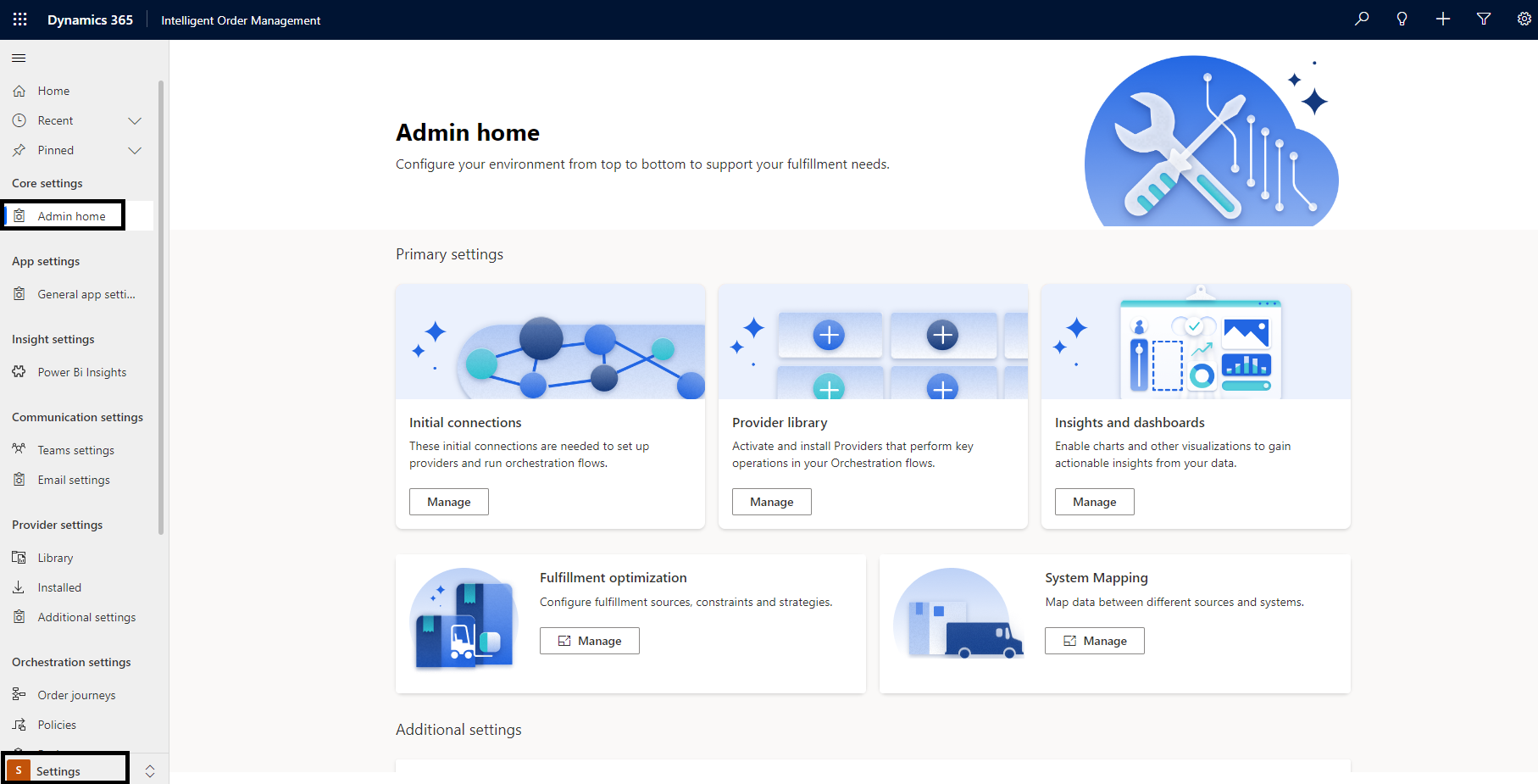 Sidan Admin-start med Inställningar markerade