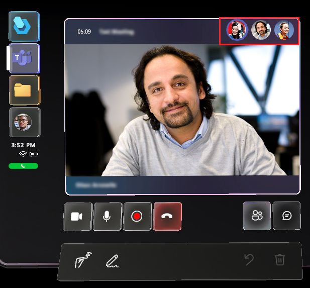 Skärmbild av mötesfönstret med avatarer markerade.