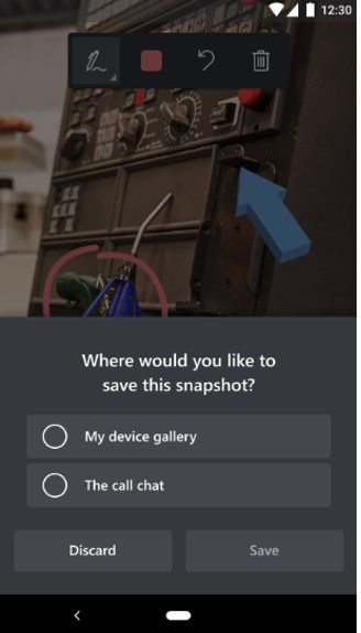 Skärmbild som visar alternativet för att spara ögonblicksbild i Dynamics 365 Remote Assist för mobil.