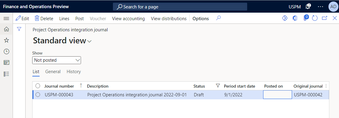 Ursprunglig journal som visas på sidan integrationsjournal för Project Operations