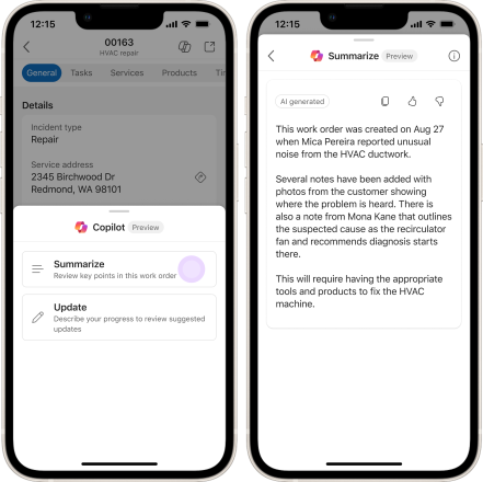 Skärmbild av Copilot-sammanfattning av arbetsorder