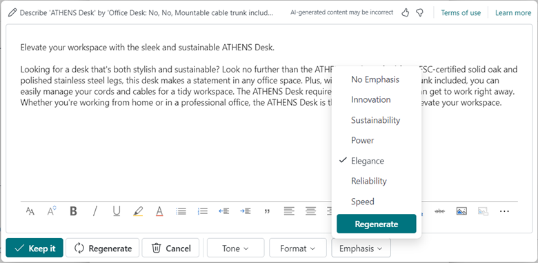 Text som skapats av Copilot kan justeras för att matcha företagets tonfall eller fokusera på en kvalitet.
