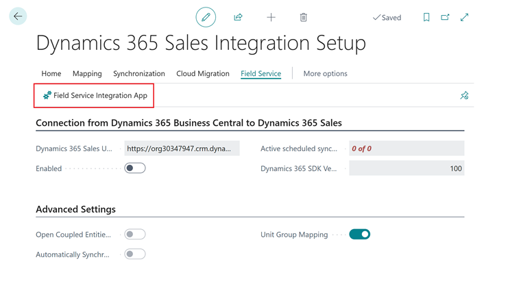 Skärmbild som visar den nya åtgärden för appen Field Service-integration på konfigurationssidan för integration med Sales.