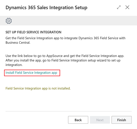 Skärmbild som visar ett nytt valfritt steg för installation av appen Field Service-integration i konfigurationsguiden för Sales.