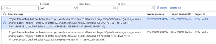 Screenshot of the troubleshooting workspace showing sample data of advanced journal postings.