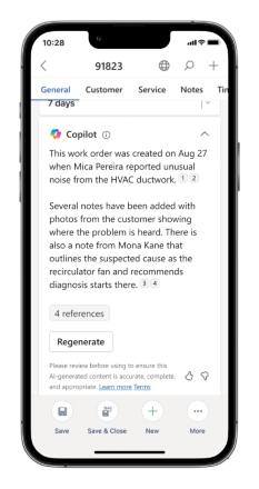 Skärmbild av Copilot-sammanfattning av arbetsorder i Enhetlig klient.
