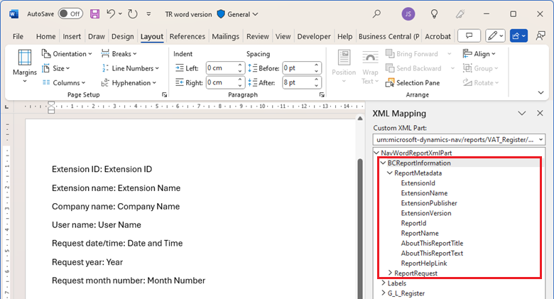 Skärmbild av nya data så som de visas i XML-mappningsfönstret i Word