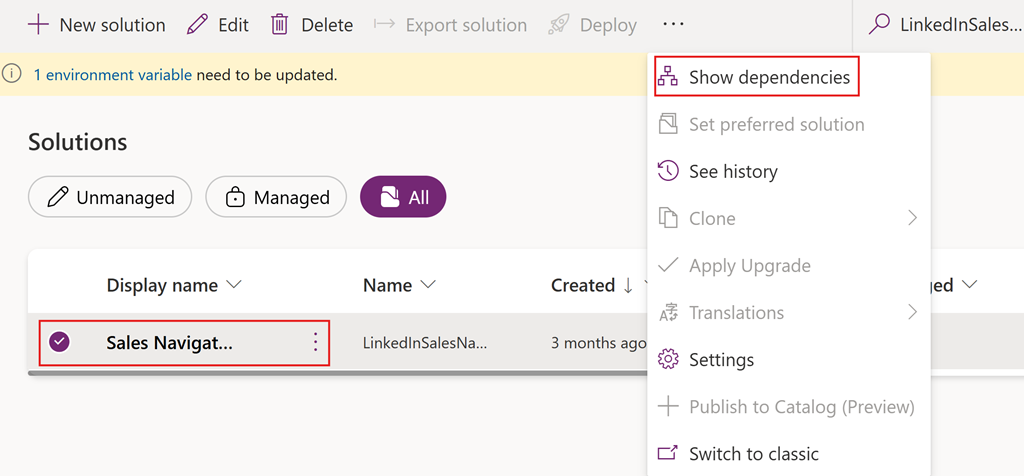 Skärmbild på LinkedIn-lösningen och alternativet Visa beroenden.